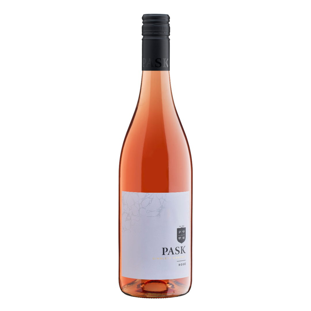 Pask Rosé wine bottle with a pale label and salmon-pink wine visible through the glass
