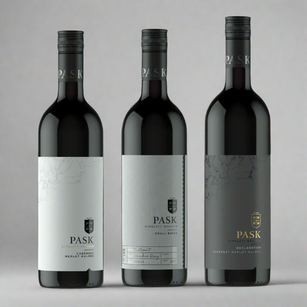 Three Pask Gimblett Gravels red wine bottles side by side, including Cabernet Merlot Malbec and Declaration ranges.