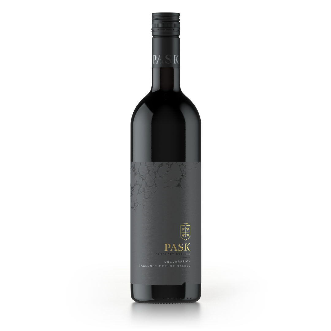 Pask Declaration Cabernet Merlot Malbec red wine bottle with dark label and gold crest detail