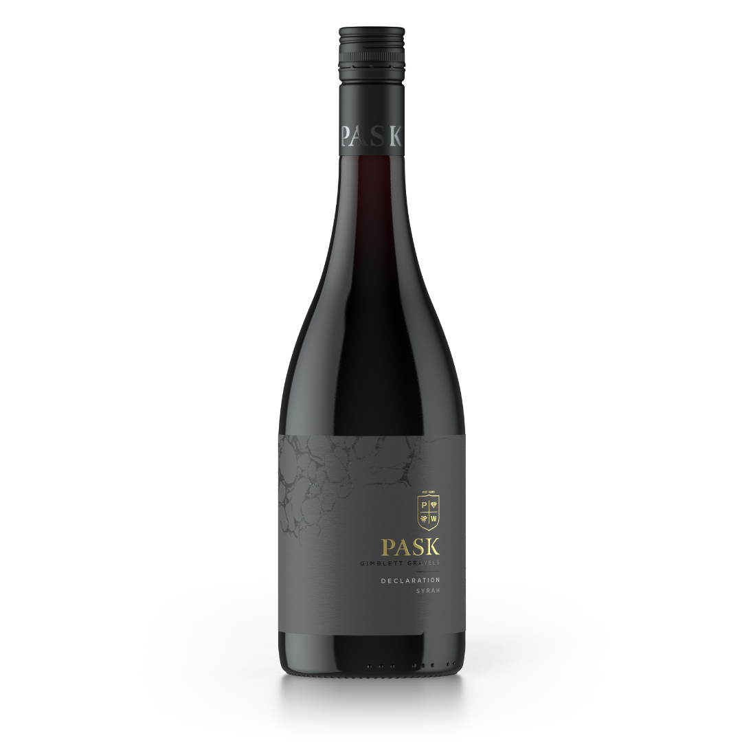 Pask Declaration Syrah wine bottle with dark label and gold crest on a white background
