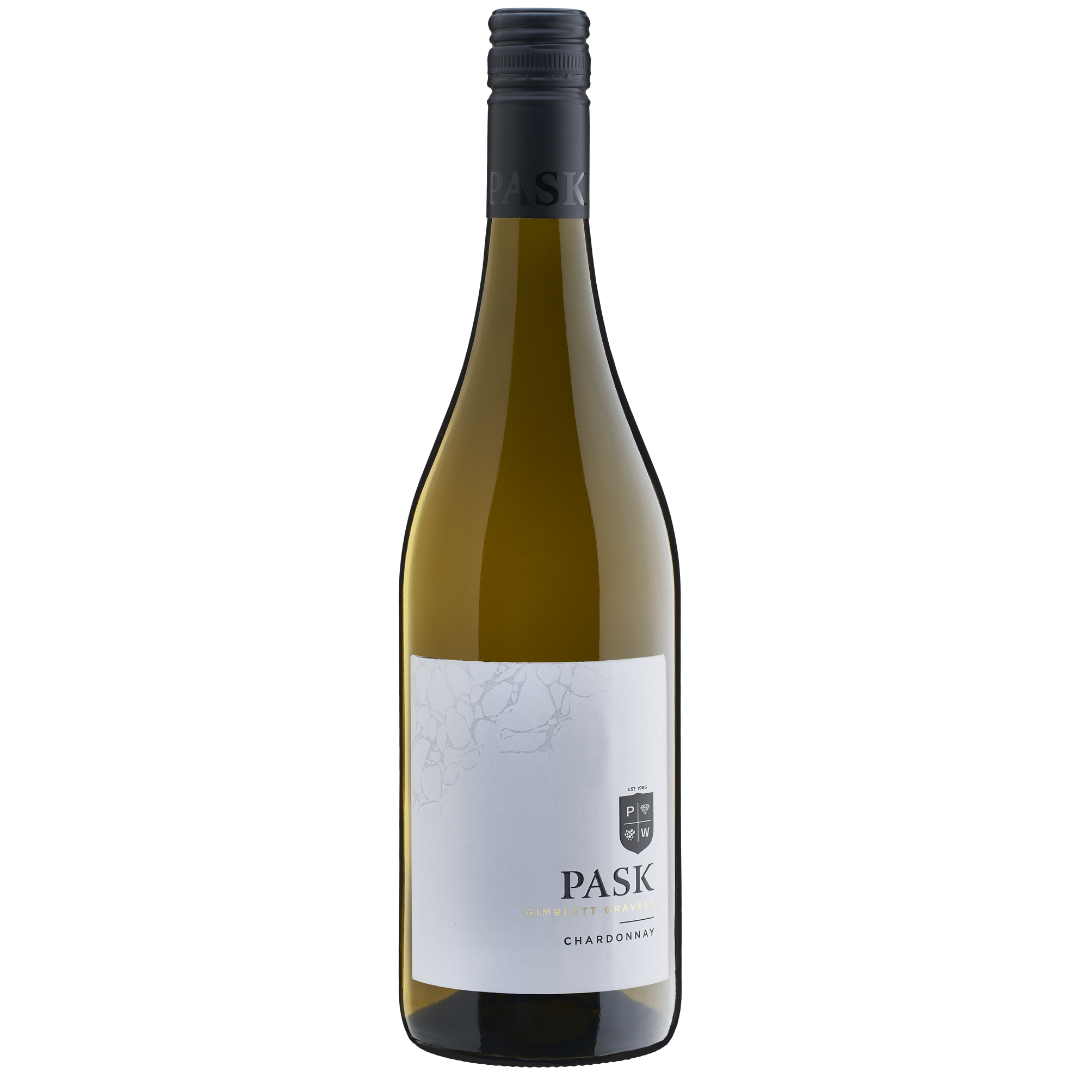 Pask Chardonnay white wine bottle with white label on a black background