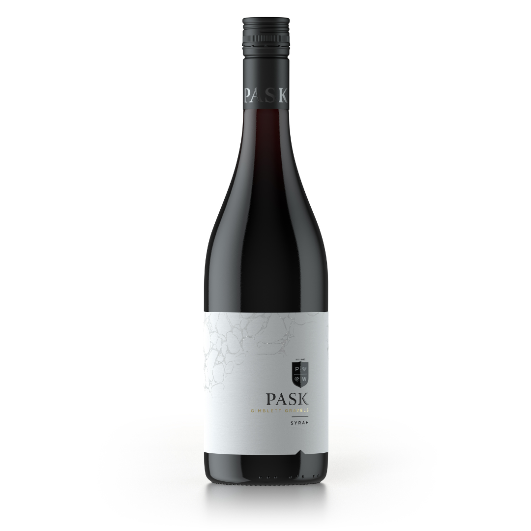 Pask Gimblett Gravels Syrah red wine bottle on a white background