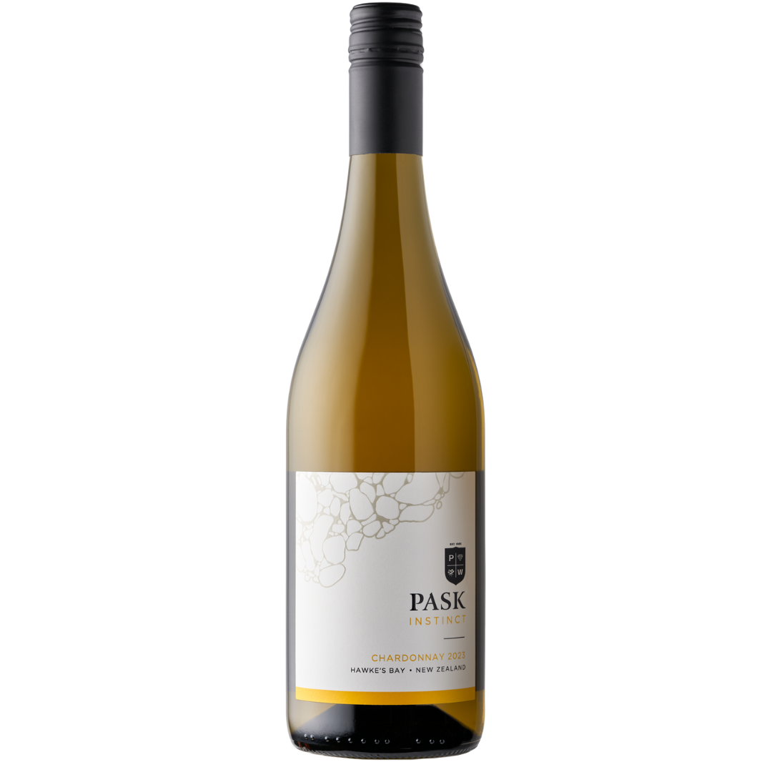 Pask Instinct Chardonnay bottle, Hawke's Bay, New Zealand, with a white label and gold accent stripe