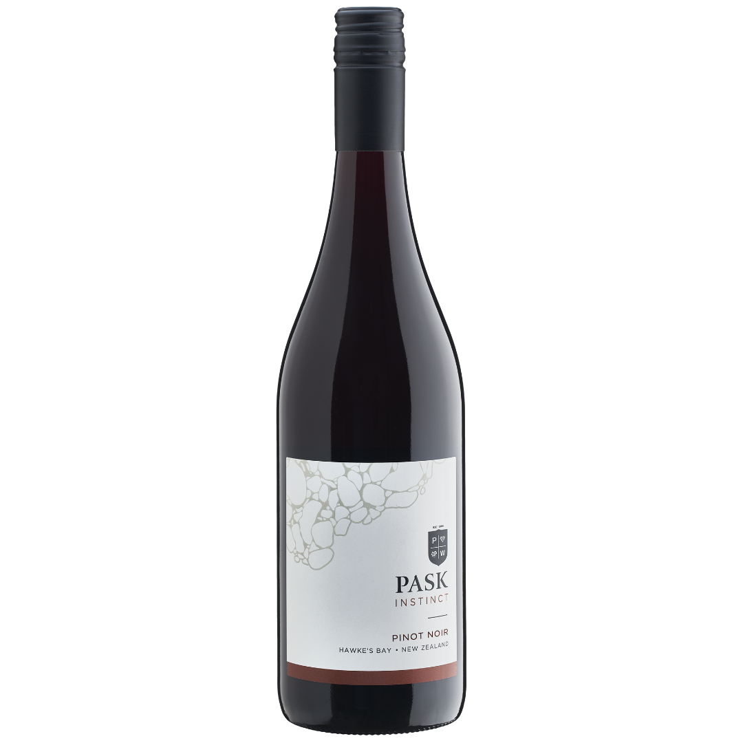 Pask Instinct Pinot Noir bottle, Hawke's Bay, New Zealand, with a white label and grape vine illustration detail
