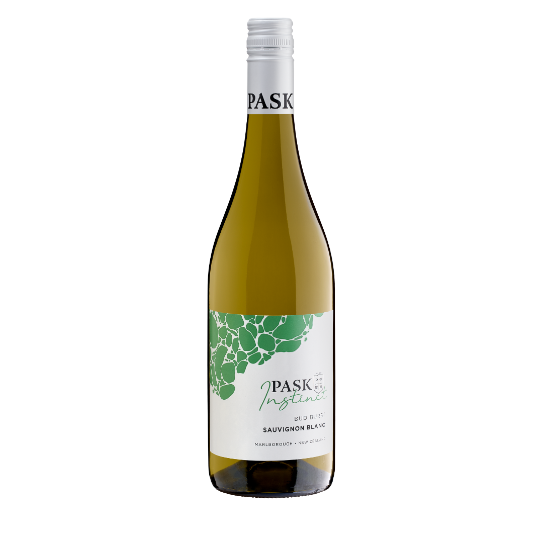 Pask Instinct Bud Burst Sauvignon Blanc bottle with green leaf pattern label, Marlborough New Zealand