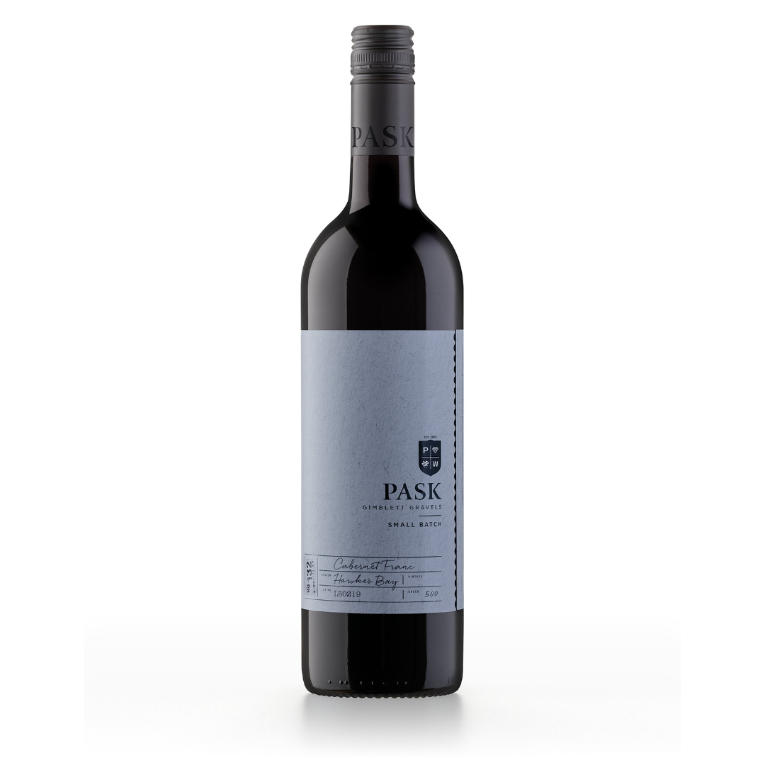 Pask Gimblett Gravels Small Batch Cabernet Franc, Hawke's Bay — dark bottle with grey label on white background