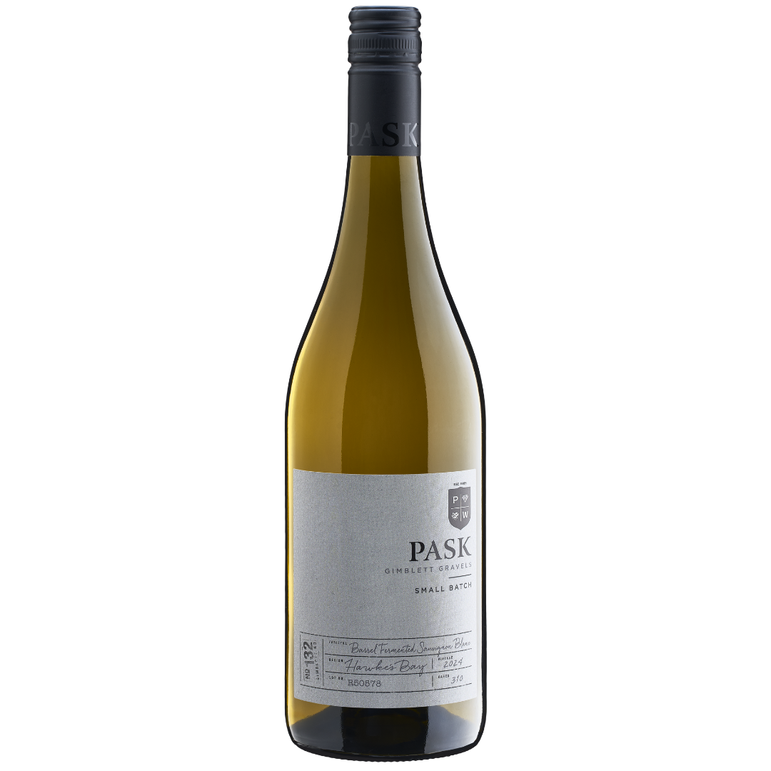 Pask Gimblett Gravels Small Batch Barrel Fermented Sauvignon Blanc wine bottle on a white background
