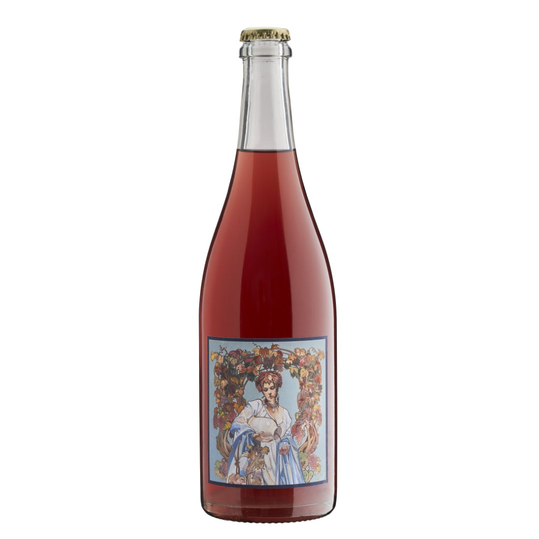Pask sparkling rosé wine bottle with an art nouveau-style label featuring a woman among autumn vines
