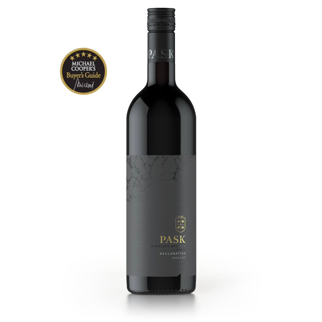 Pask Declaration Merlot bottle with a Michael Cooper's Buyer's Guide award medallion on a white background
