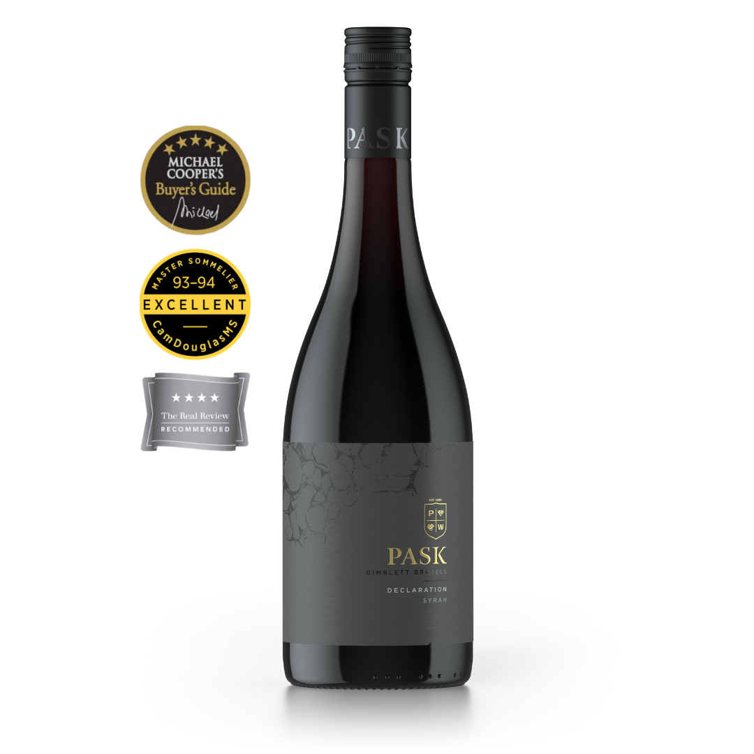 Pask Declaration Syrah bottle with Michael Cooper's Buyer's Guide, CamDouglass 93–94 Excellent, and Real Review Recommended medals