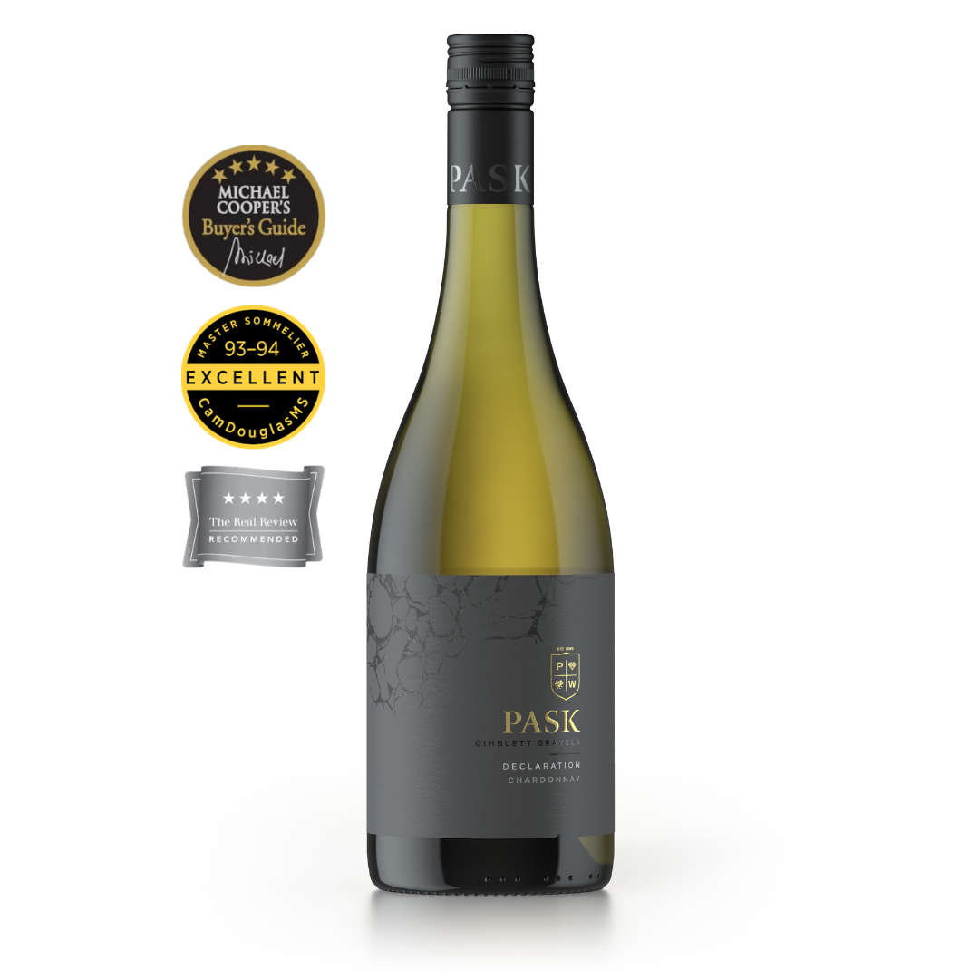 Pask Declaration Chardonnay bottle with Michael Cooper's Buyer's Guide, Cam Douglas 93–94 Excellent, and Real Review Recommended award badges.