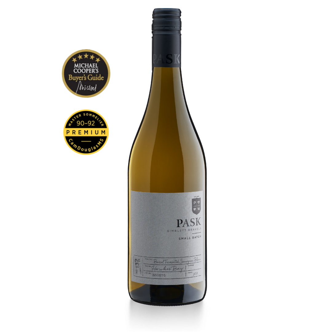 Pask Gimblett Gravels Small Batch white wine bottle with Michael Cooper's Buyer's Guide and Master Sommelier 90–92 Premium award badges