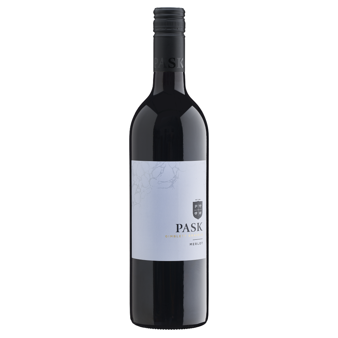 Pask Gimblett Gravels Merlot red wine bottle with pale blue label on white background