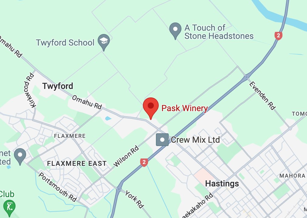 Google Maps showing Pask Winery's location on Omahu Road, between Twyford and Hastings, Hawke's Bay.