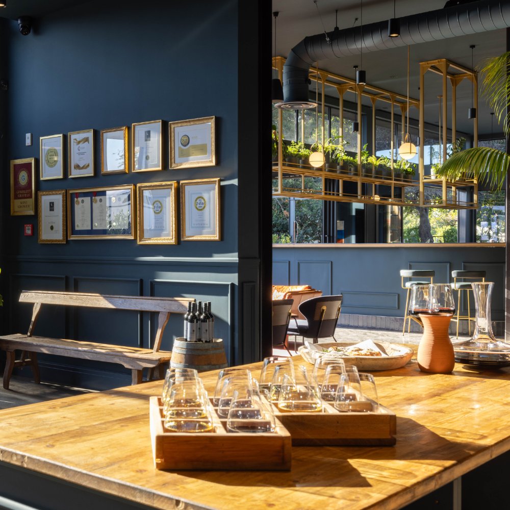 Wine tasting room interior with wooden tasting flights on a bench, award certificates on navy walls, and warm pendant lighting overhead